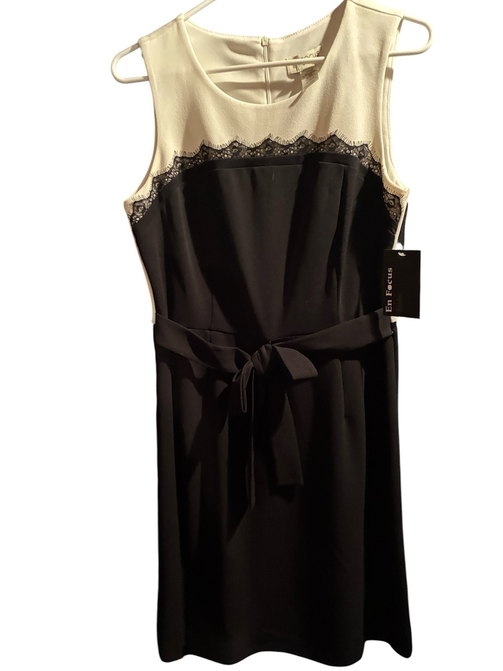 Enfocus Studio Black Dress with Cream Yoke and Lace Trim